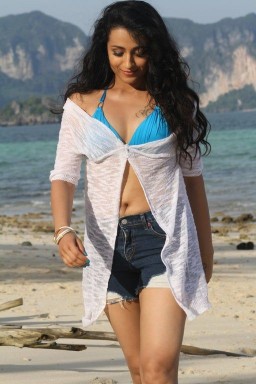 Trisha hot Trisha hot bikini showing her sexy navel wearing blue bra and transparent top Trisha Krishnan bikini